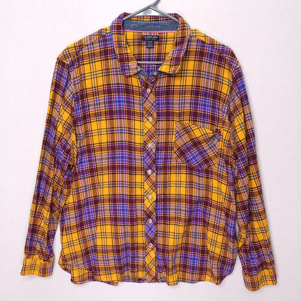 US Polo Assn Womens XXXL Yellow Purple Plaid Flannel Button Down Shirt